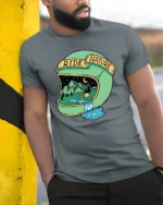 Ride Nature Helmet Graphic Tee Adventure Outdoor Tshirt - model wearing grey tee, leaning on column