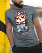 Kawaii Scooter Cat Graphic Tee Adorable Cartoon Tshirt Style - model wearing grey tee, leaning on column