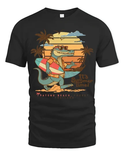 Funny Summer Crocodile Surf Graphic Tee Beach Vibes Tshirt - black t-shirt on white background