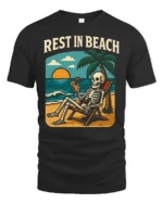 Rest In Beach Funny Skeleton Vacation Graphic Tee Tshirt - black t-shirt on white background