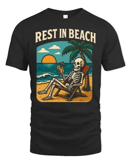 Rest In Beach Funny Skeleton Vacation Graphic Tee Tshirt - black t-shirt on white background