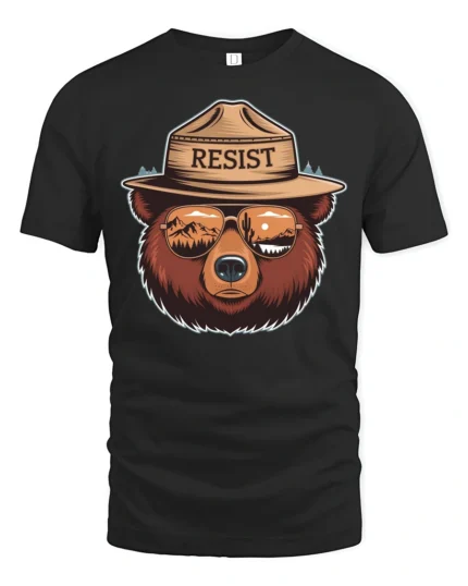 Resist Bear Graphic Tee Nature Lover Adventure Style Tshirt - black t-shirt on white background