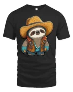 Cute Cowboy Sloth Graphic Tee Funny Western Style Tshirt - black t-shirt on white background