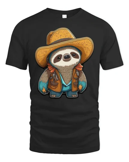 Cute Cowboy Sloth Graphic Tee Funny Western Style Tshirt - black t-shirt on white background