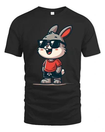 Cool Bunny Graphic Tee Funny Cute Animal Style Tshirt - black t-shirt on white background