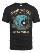 Good Waves Stay Wild Graphic Tee Retro Surf Beach Tshirt - black t-shirt on white background