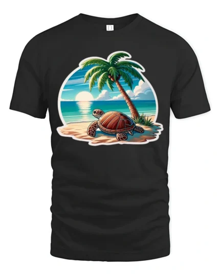Cute Sea Turtle Beach Graphic Tee Summer Ocean Style Tshirt - black t-shirt on white background