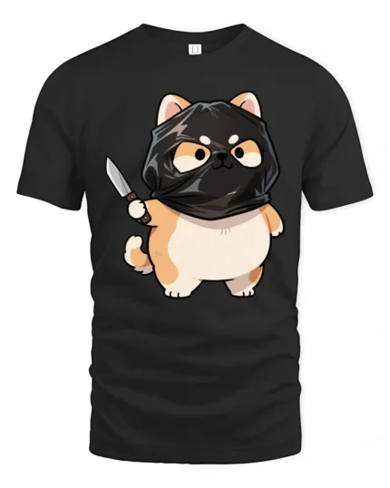 Funny Ninja Cat Graphic Tee Cute Cartoon Humor Style Tshirt - black t-shirt on white background