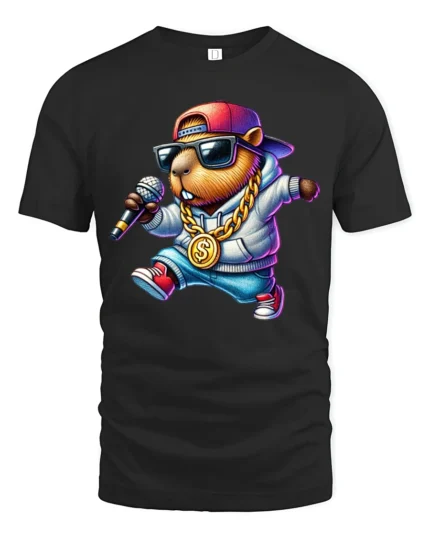 Cool Capybara Rapper Graphic Tee Street Music Vibe Tshirt - black t-shirt on white background