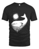Cosmic Whale Surf Graphic Tee Dreamy Ocean Night Tshirt - black t-shirt on white background