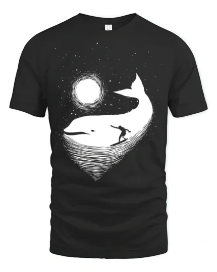 Cosmic Whale Surf Graphic Tee Dreamy Ocean Night Tshirt - black t-shirt on white background