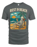 Rest In Beach Funny Skeleton Vacation Graphic Tee Tshirt - gray t-shirt on white background