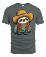 Cute Cowboy Sloth Graphic Tee Funny Western Style Tshirt - gray t-shirt on white background