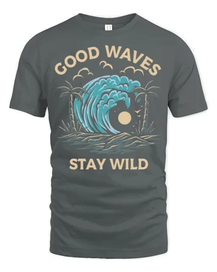 Good Waves Stay Wild Graphic Tee Retro Surf Beach Tshirt - gray t-shirt on white background