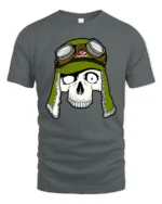 Skull Pilot Helmet Graphic Tee Retro Aviator Tshirt - gray t-shirt on white background