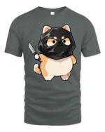 Funny Ninja Cat Graphic Tee Cute Cartoon Humor Style Tshirt - gray t-shirt on white background