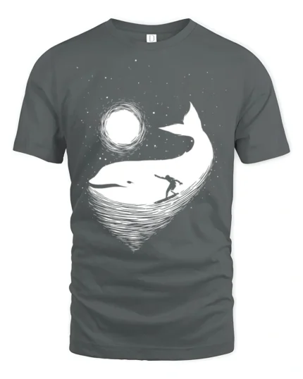 Cosmic Whale Surf Graphic Tee Dreamy Ocean Night Tshirt - gray t-shirt on white background