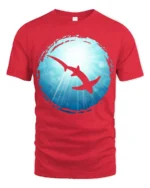 Shark Ocean Silhouette Graphic Tee Marine Life Art Tshirt - red t-shirt on white background