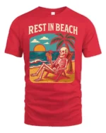 Rest In Beach Funny Skeleton Vacation Graphic Tee Tshirt - red t-shirt on white background