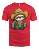 Cute Cowboy Sloth Graphic Tee Funny Western Style Tshirt - red t-shirt on white background