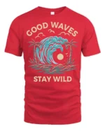 Good Waves Stay Wild Graphic Tee Retro Surf Beach Tshirt - red t-shirt on white background
