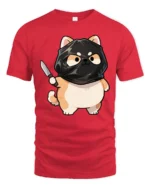 Funny Ninja Cat Graphic Tee Cute Cartoon Humor Style Tshirt - red t-shirt on white background