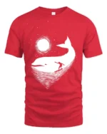 Cosmic Whale Surf Graphic Tee Dreamy Ocean Night Tshirt - red t-shirt on white background