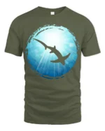 Shark Ocean Silhouette Graphic Tee Marine Life Art Tshirt - military green t-shirt on white background