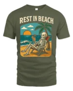 Rest In Beach Funny Skeleton Vacation Graphic Tee Tshirt - military green t-shirt on white background