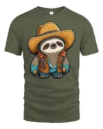 Cute Cowboy Sloth Graphic Tee Funny Western Style Tshirt - military green t-shirt on white background