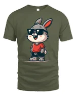 Cool Bunny Graphic Tee Funny Cute Animal Style Tshirt - military green t-shirt on white background