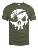 Pirate Skull Ship Graphic Tee Adventure Ocean Style Tshirt - military green t-shirt on white background