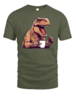 Funny T Rex Coffee Graphic Tee Dinosaur Lover Humor Tshirt - military green t-shirt on white background