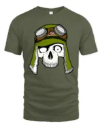 Skull Pilot Helmet Graphic Tee Retro Aviator Tshirt - military green t-shirt on white background