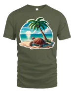 Cute Sea Turtle Beach Graphic Tee Summer Ocean Style Tshirt - military green t-shirt on white background