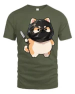 Funny Ninja Cat Graphic Tee Cute Cartoon Humor Style Tshirt - military green t-shirt on white background