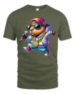 Cool Capybara Rapper Graphic Tee Street Music Vibe Tshirt - military green t-shirt on white background