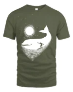 Cosmic Whale Surf Graphic Tee Dreamy Ocean Night Tshirt - military green t-shirt on white background