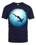 Shark Ocean Silhouette Graphic Tee Marine Life Art Tshirt - navy t-shirt on white background