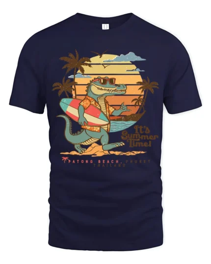 Funny Summer Crocodile Surf Graphic Tee Beach Vibes Tshirt - navy t-shirt on white background