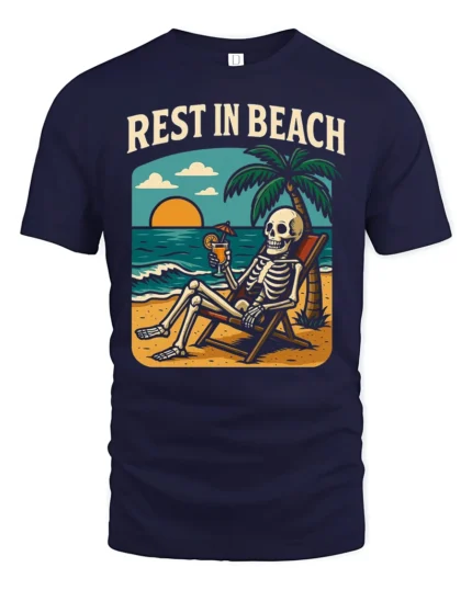 Rest In Beach Funny Skeleton Vacation Graphic Tee Tshirt - navy t-shirt on white background