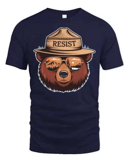 Resist Bear Graphic Tee Nature Lover Adventure Style Tshirt - navy t-shirt on white background