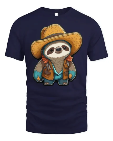 Cute Cowboy Sloth Graphic Tee Funny Western Style Tshirt - navy t-shirt on white background