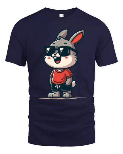 Cool Bunny Graphic Tee Funny Cute Animal Style Tshirt - navy t-shirt on white background