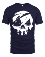 Pirate Skull Ship Graphic Tee Adventure Ocean Style Tshirt - navy t-shirt on white background