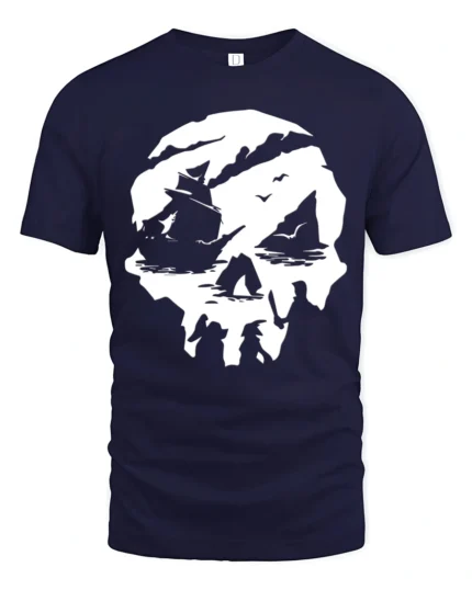 Pirate Skull Ship Graphic Tee Adventure Ocean Style Tshirt - navy t-shirt on white background