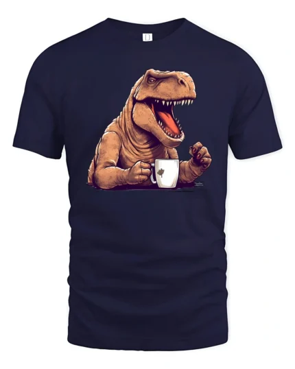 Funny T Rex Coffee Graphic Tee Dinosaur Lover Humor Tshirt - navy t-shirt on white background