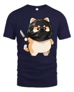 Funny Ninja Cat Graphic Tee Cute Cartoon Humor Style Tshirt - navy t-shirt on white background