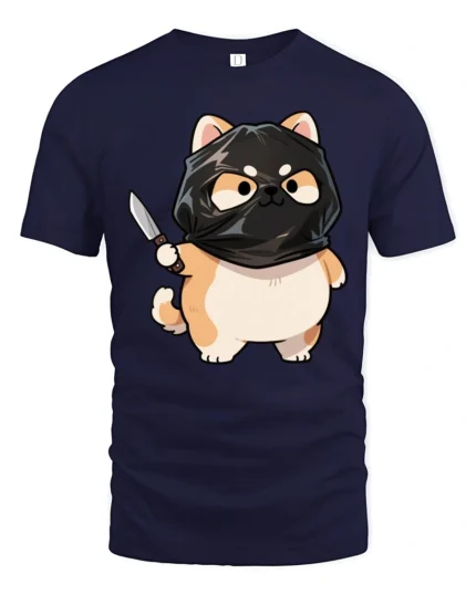 Funny Ninja Cat Graphic Tee Cute Cartoon Humor Style Tshirt - navy t-shirt on white background