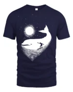 Cosmic Whale Surf Graphic Tee Dreamy Ocean Night Tshirt - navy t-shirt on white background